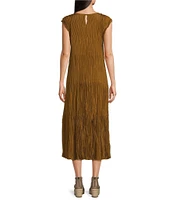 Eileen Fisher Crinkle Silk Crew Neck Cap Sleeve A-Line Tiered Midi Dress