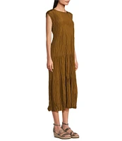 Eileen Fisher Crinkle Silk Crew Neck Cap Sleeve A-Line Tiered Midi Dress