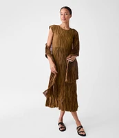 Eileen Fisher Crinkle Silk Crew Neck Cap Sleeve A-Line Tiered Midi Dress