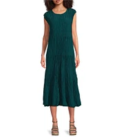 Eileen Fisher Crinkle Silk Crew Neck Cap Sleeve A-Line Tiered Midi Dress