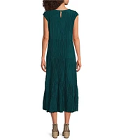 Eileen Fisher Crinkle Silk Crew Neck Cap Sleeve A-Line Tiered Midi Dress