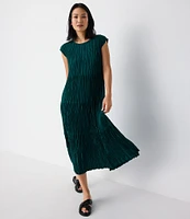 Eileen Fisher Crinkle Silk Crew Neck Cap Sleeve A-Line Tiered Midi Dress