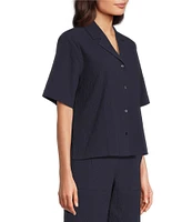 Eileen Fisher Crinkled Organic Cotton Notch Collar Short Sleeve Top