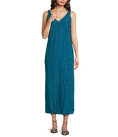 Eileen Fisher Crushed Silk V-Neck Sleeveless Midi Dress