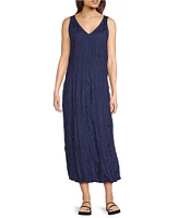 Eileen Fisher Crushed Silk V-Neck Sleeveless Midi Dress