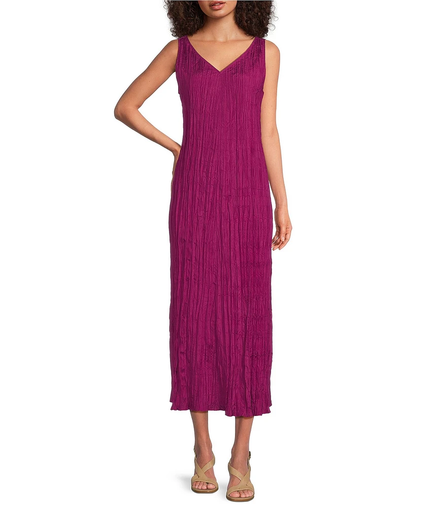 Eileen Fisher Crushed Silk V-Neck Sleeveless Midi Dress
