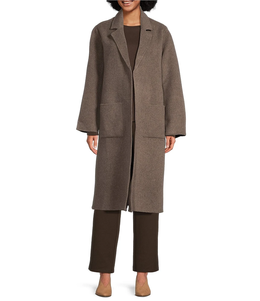 Eileen Fisher Double Faced Wool Open Front Notch Lapel Long Sleeve Blazer Coat