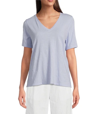 Eileen Fisher Easy Organic Cotton Jersey Knit V-Neck Short Sleeve Tee Shirt
