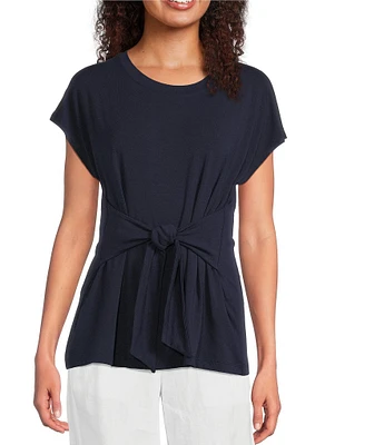 Eileen Fisher Fine Stretch Jersey Knit Round Neck Short Sleeve Tie Front Top