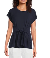 Eileen Fisher Fine Stretch Jersey Knit Round Neck Short Sleeve Tie Front Top