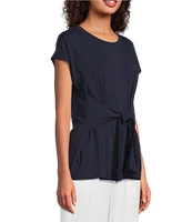 Eileen Fisher Fine Stretch Jersey Knit Round Neck Short Sleeve Tie Front Top