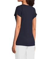 Eileen Fisher Fine Stretch Jersey Knit Round Neck Short Sleeve Tie Front Top