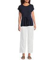 Eileen Fisher Fine Stretch Jersey Knit Round Neck Short Sleeve Tie Front Top