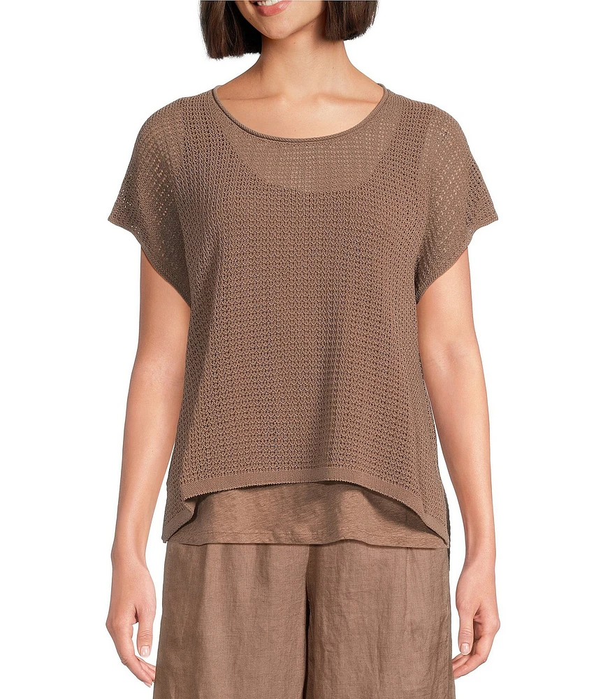 Eileen Fisher Organic Cotton Knit Cord Crew Neck Cap Sleeve Top