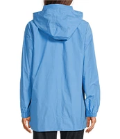 Eileen Fisher Light Weight Cotton Nylon Stand Collar With Hidden Hood Long Sleeve Coat