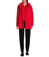 Eileen Fisher Light Weight Cotton Nylon Stand Collar With Hidden Hood Long Sleeve Coat