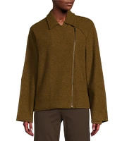 Eileen Fisher Lightweight Boiled Wool Notch Collar Long Sleeve Short Motorcycle Jacket