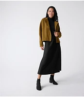 Eileen Fisher Lightweight Boiled Wool Notch Collar Long Sleeve Short Motorcycle Jacket