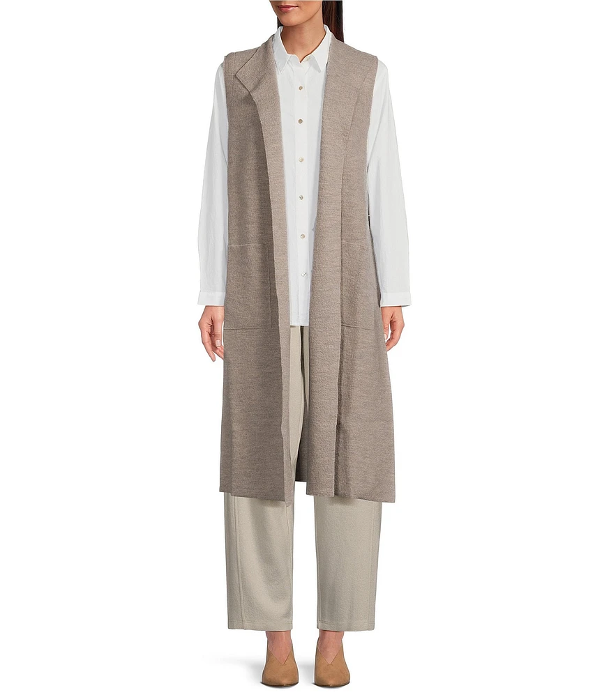 Eileen Fisher Lightweight Boiled Wool Shawl Collar Sleeveless Pocketed Side Slit Open Front Long Vest