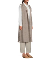 Eileen Fisher Lightweight Boiled Wool Shawl Collar Sleeveless Pocketed Side Slit Open Front Long Vest