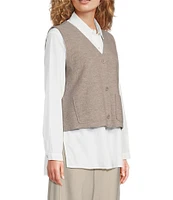 Eileen Fisher Lightweight Boiled Wool V-Neck Sleeveless Pocketed Button Front Vest