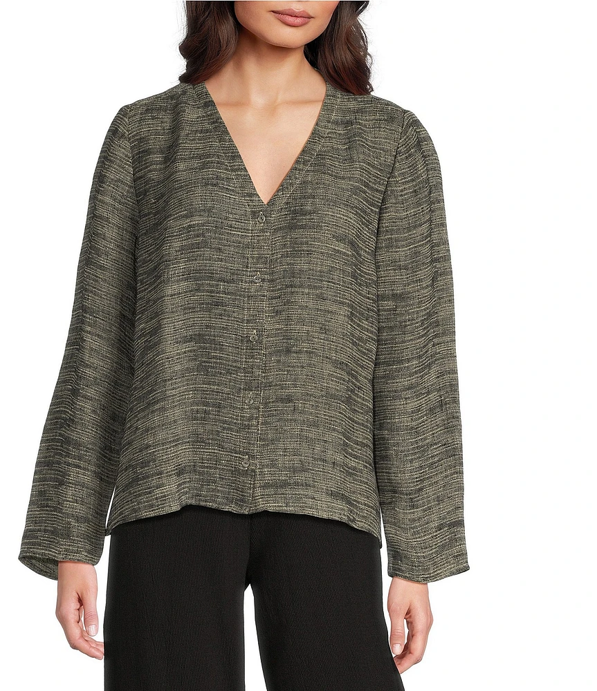Eileen Fisher Organic Linen Gauze Jacquard V-Neck Long Sleeve Top