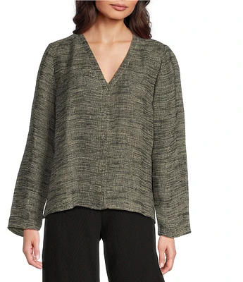 Eileen Fisher Organic Linen Gauze Jacquard V-Neck Long Sleeve Top