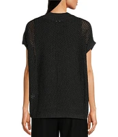 Eileen Fisher Merino Wool Mock Neck Short Sleeve Boxy Fit Sweater