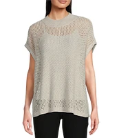 Eileen Fisher Merino Wool Mock Neck Short Sleeve Boxy Fit Sweater