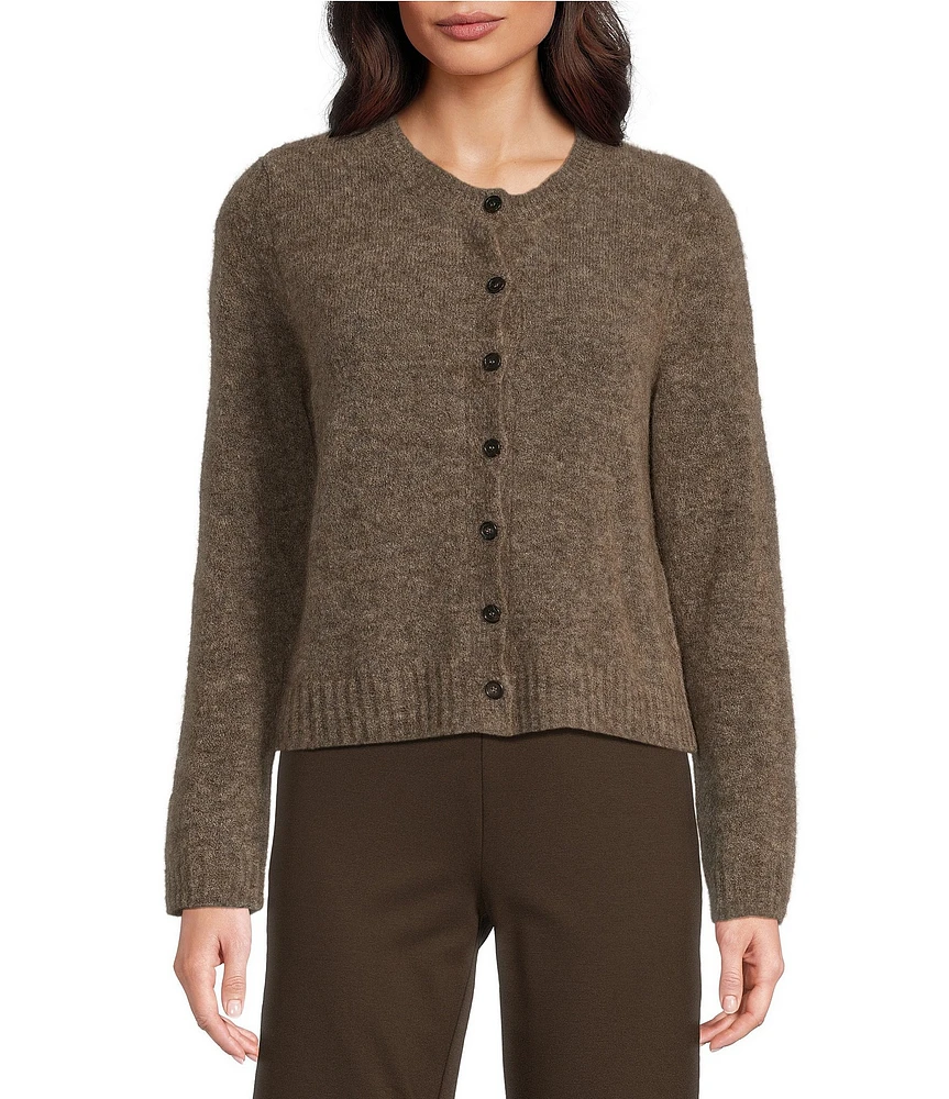 Eileen Fisher Mohair Plush Melange Knit Crew Neck Long Sleeve Button Front Cropped Cardigan