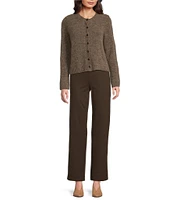 Eileen Fisher Mohair Plush Melange Knit Crew Neck Long Sleeve Button Front Cropped Cardigan