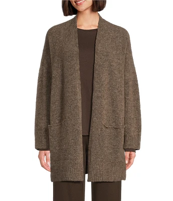 Eileen Fisher Mohair Plush Melange Knit Long Sleeve Pocketed Open Front Cardigan