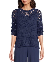 Eileen Fisher Organic Cotton Open Stitch Round Neck Long Sleeve Sweater