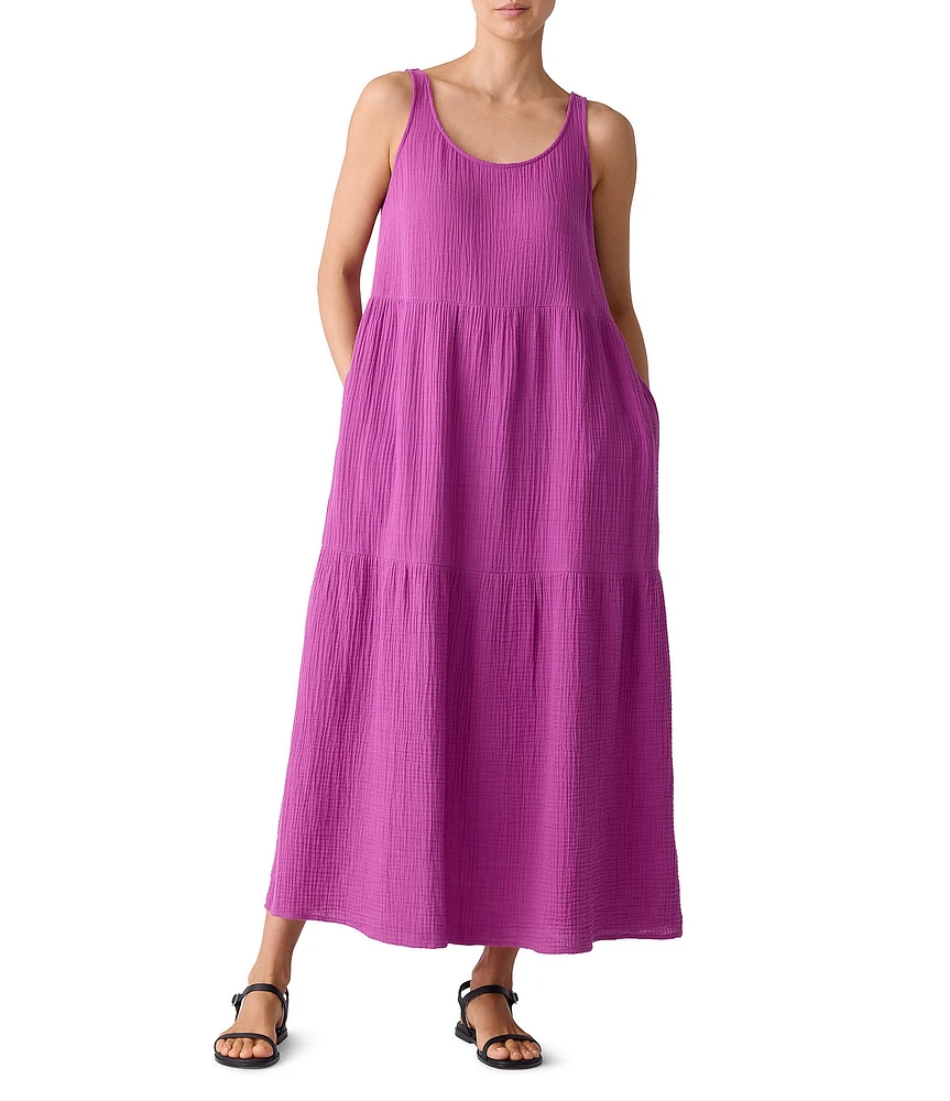 Eileen Fisher Organic Cotton Gauze Scoop Neck Sleeveless Tiered Dress