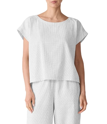Eileen Fisher Organic Cotton Grid Pattern Boat Neck Short Sleeve Top