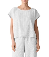 Eileen Fisher Organic Cotton Grid Pattern Boat Neck Short Sleeve Top