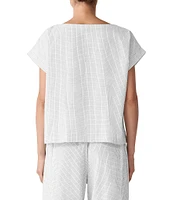 Eileen Fisher Organic Cotton Grid Pattern Boat Neck Short Sleeve Top