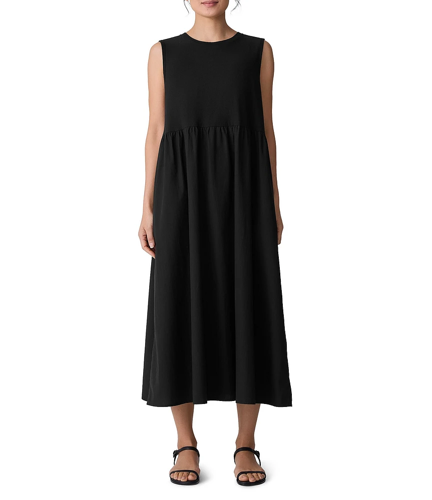 Eileen Fisher Organic Cotton Knit Poplin Round Neck Sleeveless Full Length Dress
