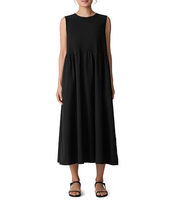 Eileen Fisher Organic Cotton Knit Poplin Round Neck Sleeveless Full Length Dress