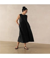 Eileen Fisher Organic Cotton Knit Poplin Round Neck Sleeveless Full Length Dress