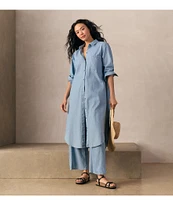 Eileen Fisher Organic Cotton Twill Classic Point Collar Long Sleeve Button Front Midi Shirt Dress