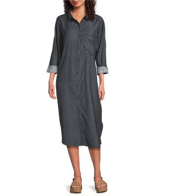 Eileen Fisher Organic Cotton Twill Classic Point Collar Long Sleeve Button Front Midi Shirt Dress