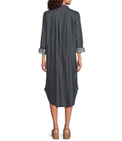Eileen Fisher Organic Cotton Twill Classic Point Collar Long Sleeve Button Front Midi Shirt Dress