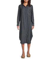 Eileen Fisher Organic Cotton Twill Classic Point Collar Long Sleeve Button Front Midi Shirt Dress