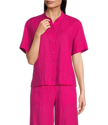 Eileen Fisher Organic Handkerchief Linen Mandarin Collar Short Sleeve Top