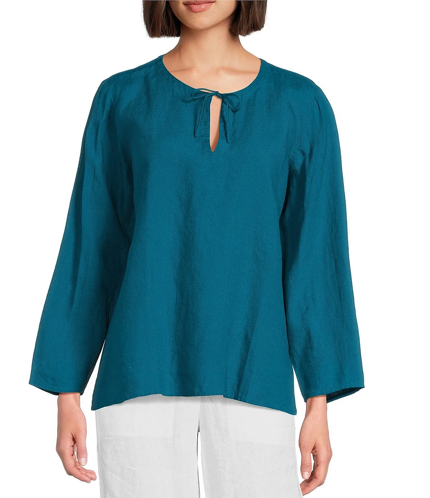 Eileen Fisher Organic Handkerchief Linen Split V-Neck Long Sleeve Top
