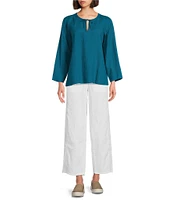 Eileen Fisher Organic Handkerchief Linen Split V-Neck Long Sleeve Top
