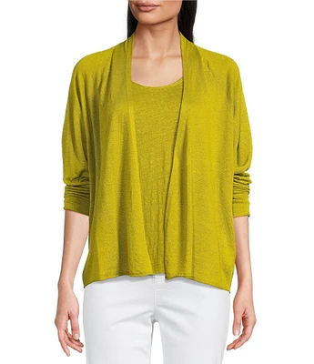 Eileen Fisher Organic Linen Blend Open Front Straight Hem Long Sleeve Cardigan