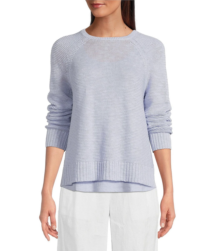 Eileen Fisher Organic Linen Knit Crew Neck Long Raglan Sleeve Sweater