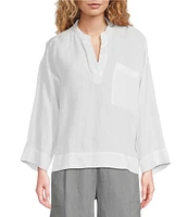 Eileen Fisher Organic Linen Mandarin Collar Long Sleeve Pop-Over Top